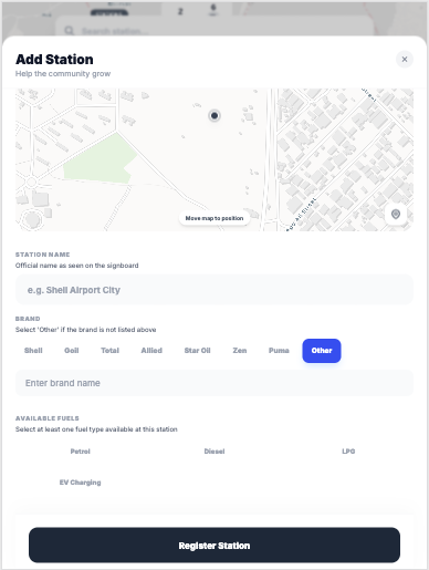 Pumply add station modal with map and station details