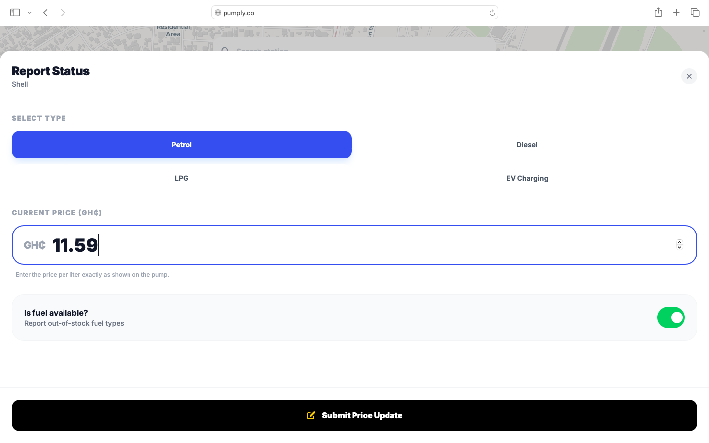 Pumply report price form — select fuel type, enter price, submit